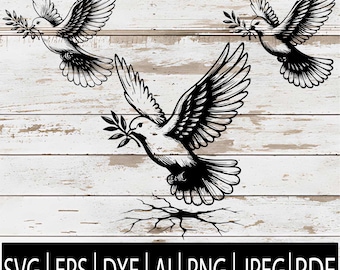 May include: Black and white illustration of three doves in flight, each carrying an olive branch. The birds are set against a weathered, light-colored wood background. Below, a banner displays file format options: SVG, EPS, DXF, AI, PNG, JPEG, and PDF.