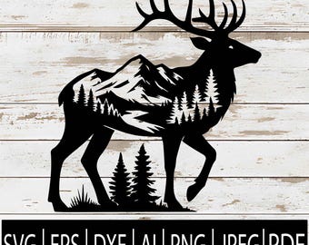Elk Mountain Scene SVG | Deer Forest Wildlife Clipart | Hunting Outdoor Adventure CutFile Cricut CNC Laser Sub | Svg Eps Dxf Pdf Ai Png Jpg