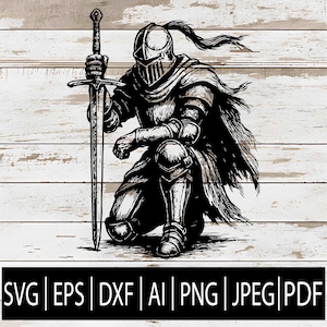 Kniender Ritter SVG | Mittelalterlicher Ritter mit Schwert-Silhouette | Kreuzritter Clipart für Cricut Sublimation Laser CNC | .Svg Png Jpg Dxf Pdf Ai Eps