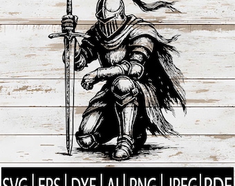 Kneeling Knight SVG | Medieval Knight with Sword Silhouette | Crusader Clipart for Cricut Sublimation Laser CNC | Svg Png Jpg Dxf Pdf Ai Eps