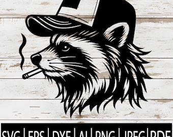 Gorra de camionero de mapache fumando SVG - Clipart de mapache campesino - Vector de gorra de camionero con salmonete - Descarga digital (SVG, Eps, Png, PDF, AI, Dxf, Jpg)