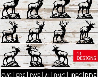 Elk on Boulder SVG Bundle | 11 Wildlife Elk Mountain Scene Silhouettes | Clipart Pack for Cricut CNC Laser Sub | Svg Eps Dxf Pdf Ai Png Jpg