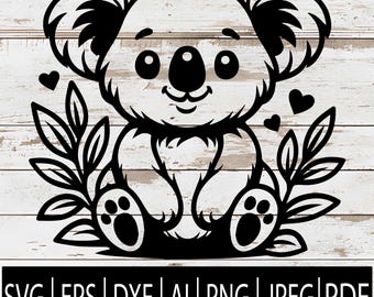 May include: Black and white koala bear illustration with leaves and hearts. The koala has large eyes and is smiling. The image includes the file types: SVG, EPS, DXF, AI, PNG, JPEG, and PDF.