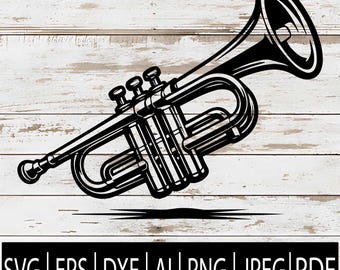 May include: A black and white illustration of a trumpet, a brass musical instrument, on a white wooden background. The image includes the file formats: SVG, EPS, DXF, AI, PNG, JPEG, and PDF.