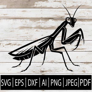 Puede incluir: Silueta negra de una mantis religiosa sobre un fondo de vetas de madera blanca y gris. La imagen incluye opciones de formato de archivo: SVG, EPS, DXF, AI, PNG, JPEG y PDF.