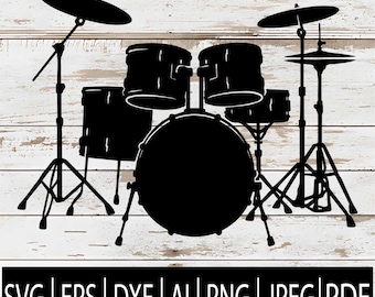 May include: Black silhouette of a drum kit, including a bass drum, snare, toms, and cymbals, on a light wood-grain background. The image also includes the text "SVG | EPS | DXF | AI | PNG | JPEG | PDF".