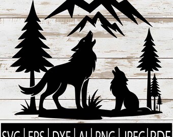 May include: Black silhouette of two wolves howling at the moon, with pine trees and mountains in the background. The image includes the file format options: SVG, EPS, DXF, AI, PNG, JPEG, and PDF.