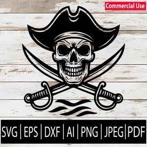 Könnte beinhalten: Schwarz-weiße Grafik im Piratenstil mit einem Totenkopf, der einen Dreispitzhut trägt, gekreuzten Schwertern und einer Wellenlinie. Das Bild enthält den Text "Commercial Use" und Dateityp-Abkürzungen: SVG, EPS, DXF, AI, PNG, JPEG und PDF.