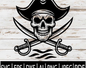 Peut inclure: Graphique noir et blanc sur le thème des pirates, représentant un crâne portant un chapeau tricorne, des épées croisées et une ligne ondulée. L'image comprend le texte "Commercial Use" et les abréviations de type de fichier : SVG, EPS, DXF, AI, PNG, JPEG et PDF.
