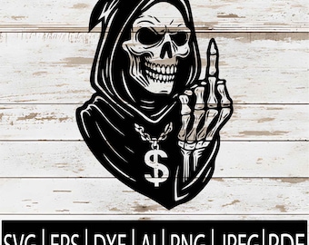 Grim Reaper SVG | Skeleton Middle Finger Design | Gothic Skull Reaper Clipart for Cricut, Laser CNC Cut File | Svg Eps Png Dxf Pdf Ai Jpg