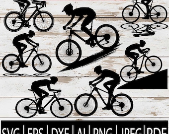 Pacchetto SVG per ciclismo / 7 file vettoriali di silhouette di bici / Clipart di bici da corsa e da montagna per Cricut Laser Sub CNC / Svg Eps Png Jpg Dxf Pdf Ai