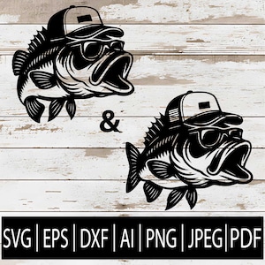 Może przedstawiać: Czarno-biała grafika przedstawiająca dwie ryby w okularach przeciwsłonecznych i czapkach. Ryby mają otwarte pyszczki i patrzą w różnych kierunkach. Obraz zawiera symbol "&" oraz skróty typów plików: SVG, EPS, DXF, AI, PNG, JPEG i PDF.