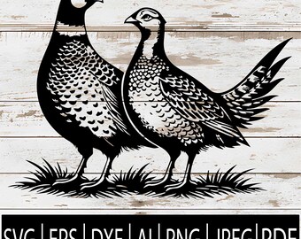 May include: Black and white illustration of two pheasants standing on grass. The birds are detailed with intricate feather patterns. The image includes file type icons: SVG, EPS, DXF, AI, PNG, JPEG, and PDF.