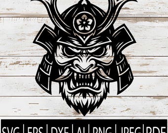 Máscara facial de samurai em SVG | Capacete de guerreiro japonês | Clipart de design antigo Mempo para decalques, Cricut, impressoras a laser e CNC | SVG, EPS, PNG, DXF, JPG, PDF e AI