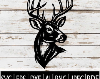 May include: A black and white illustration of a deer head with large antlers. The deer is set against a white wooden background. The bottom of the image contains the text "SVG | EPS | DXF | AI | PNG | JPEG | PDF".