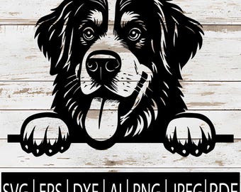 May include: Black and white dog graphic with its tongue out, paws resting on a horizontal line. The dog has a white stripe down its face. Below the dog are file format abbreviations: SVG, EPS, DXF, AI, PNG, JPEG, and PDF.