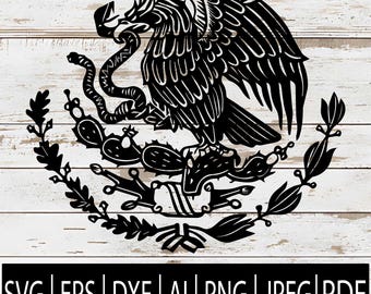 Escudo de armas de México SVG / Escudo de águila y serpiente mexicana Archivo de corte / Emblema de la bandera de México en blanco y negro Png Dxf Eps Pdf JPG AI Diseño para Cricut Sub