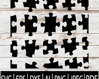 May include: Black puzzle pieces arranged on a white wooden background. The image includes various puzzle piece shapes, with some pieces separated. The bottom of the image displays the text "SVG | EPS | DXF | AI | PNG | JPEG | PDF".