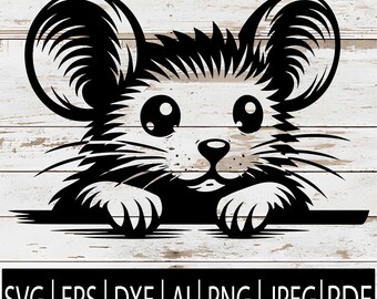 May include: Black and white illustration of a mouse peeking over a ledge. The mouse has large ears, round eyes, and a detailed fur pattern. Below the mouse are the file type abbreviations: SVG, EPS, DXF, AI, PNG, JPEG, and PDF.
