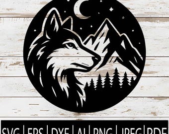 Wolf Mountain Scene SVG | Wolf with Mountains & Trees | Outdoor Adventure Nature Clipart for Cricut Laser Sub | Svg Eps Dxf Png Pdf Ai Jpg