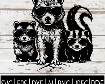 May include: Black and white illustration of three animals wearing sunglasses. The animals are a raccoon, a skunk, and a smaller raccoon or similar animal. The image is on a white wood background. The bottom of the image has the text "SVG | EPS | DXF | AI | PNG | JPEG | PDF".