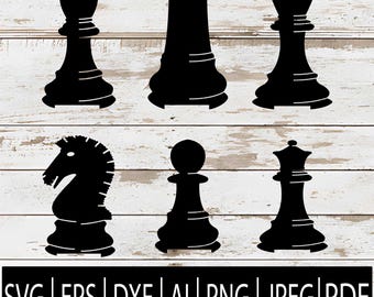 May include: Black chess pieces including a bishop, rook, king, knight, pawn, and queen. The pieces are silhouetted against a light wood grain background. The bottom of the image displays file format options: SVG, EPS, DXF, AI, PNG, JPEG, and PDF.