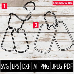 Op de afbeelding: Zwarte omtrek van twee hondenlabels met een kogelketting en de tekst "Commercial Use". Onder de hondenlabels staan de bestandstypen: SVG, EPS, DXF, AI, PNG, JPEG en PDF.