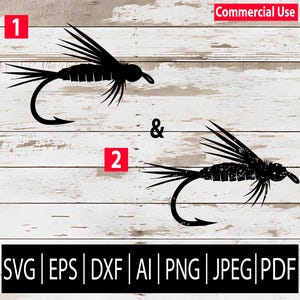 May include: Black silhouette of two fishing flies with curved hooks, labeled 1 and 2, and the ampersand symbol between them. The image includes the text "Commercial Use" and file type options: SVG, EPS, DXF, AI, PNG, JPEG, and PDF.