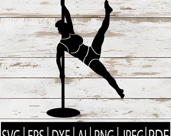 May include: Black silhouette of a person pole dancing, with one leg extended upwards. The person is wearing a two-piece outfit and is holding onto a vertical pole. The image includes the text "SVG | EPS | DXF | AI | PNG | JPEG | PDF".