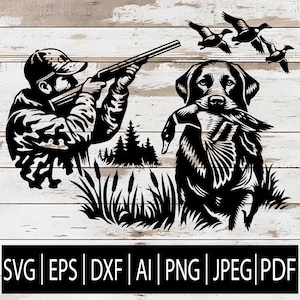 Könnte beinhalten: Schwarz-Weiß-Illustration eines Jägers mit Gewehr, einem Hund mit Ente im Maul und fliegenden Enten. Die Bildformate sind: SVG, EPS, DXF, AI, PNG, JPEG und PDF.