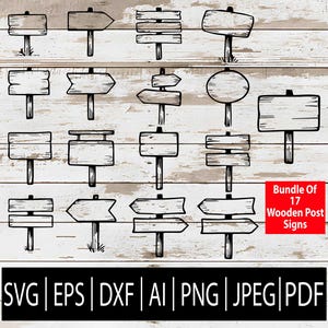 Puede incluir: Una colección de 17 letreros de poste de madera dibujados a mano en varias formas, incluyendo flechas y placas rectangulares. Los letreros son en blanco y negro, con una estética rústica. La imagen incluye el texto "Bundle Of 17 Wooden Post Signs".