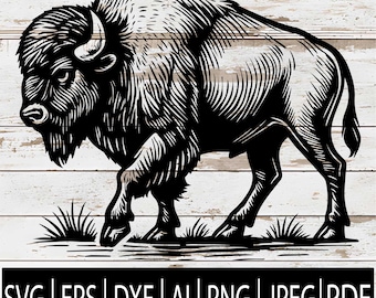 May include: Black and white illustration of a bison walking to the right, with detailed fur and horns. The image is set against a light wood-grain background. Below the bison are blades of grass and a banner with file type abbreviations: SVG, EPS, DXF, AI, PNG, JPEG, and PDF.