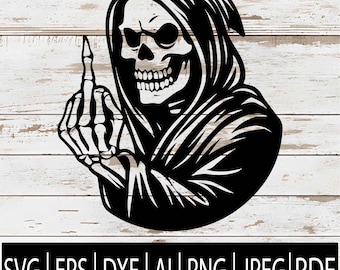 Grim Reaper SVG | Skeleton Middle Finger Design | Gothic Skull Reaper Clipart for Cricut, Laser CNC Cut File | Svg Eps Png Dxf Pdf Ai Jpg