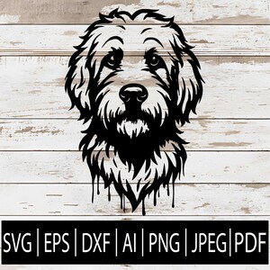 May include: Black and white graphic of a dog's face, featuring detailed fur and a prominent nose. The image is set against a light wood background. Below the dog, the image includes the file formats: SVG, EPS, DXF, AI, PNG, JPEG, and PDF.