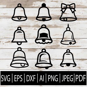 Pode incluir: Nove desenhos de sinos pretos em vários estilos, incluindo um sino com um laço, em um fundo claro de grão de madeira. A parte inferior da imagem exibe os tipos de arquivo: SVG, EPS, DXF, AI, PNG, JPEG e PDF.