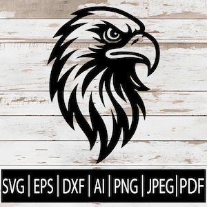May include: A black eagle head silhouette with sharp details, set against a weathered, white wooden background. The image includes file format options: SVG, EPS, DXF, AI, PNG, JPEG, and PDF.