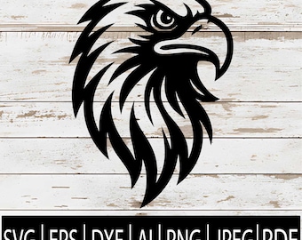 May include: A black eagle head silhouette with sharp details, set against a weathered, white wooden background. The image includes file format options: SVG, EPS, DXF, AI, PNG, JPEG, and PDF.