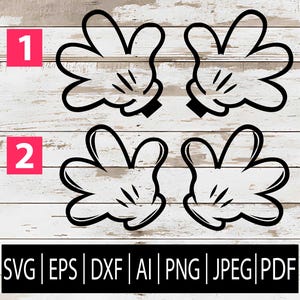 2 SVG de guantes de dibujos animados / Diseños de imágenes prediseñadas de gestos juguetones con las manos para Cricut Laser Sub Cnc / Archivos de corte SVG inspirados en Mickey Eps Dxf Png Jpg Pdf Ai