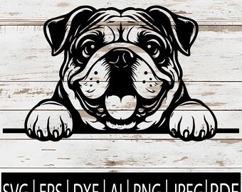 May include: Black and white graphic of a bulldog with its paws resting on a horizontal line. The dog has an open mouth and appears to be smiling. Below the line are the file type abbreviations: SVG, EPS, DXF, AI, PNG, JPEG, and PDF.