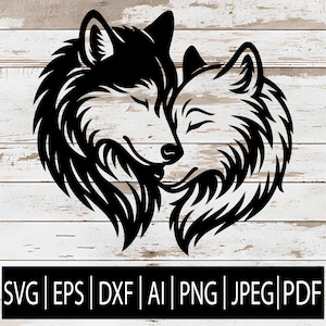 Puede incluir: Ilustración en blanco y negro de dos lobos tocándose. El diseño gráfico incluye el texto "SVG | EPS | DXF | AI | PNG | JPEG | PDF" en la parte inferior. El fondo es un patrón de madera clara. Ideal para diseño o decoración.