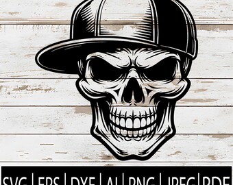 May include: Black and white illustration of a skull wearing a baseball cap. The skull has a detailed design with visible teeth and eye sockets. The image includes file format options: SVG, EPS, DXF, AI, PNG, JPEG, and PDF.