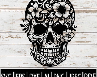 Floral Skull SVG | Gothic Flower Skull Tattoo Clipart | Boho Skull Silhouette Design for Cricut Sub CNC Laser | Svg Eps Dxf Png Pdf Ai Jpg