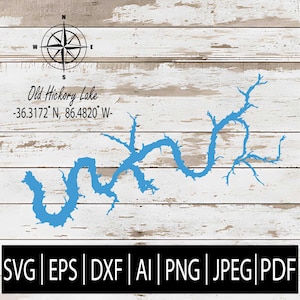 May include: A blue map of Old Hickory Lake with coordinates and a compass rose on a white wood grain background. The text "Old Hickory Lake" and file type options are also present.