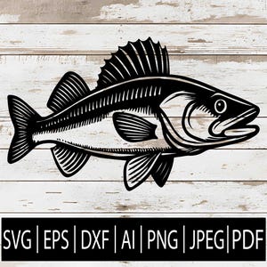 Op de afbeelding: Zwart-wit illustratie van een vis met gedetailleerde vinnen en schubben. De afbeelding bevat de bestandsformaten: SVG, EPS, DXF, AI, PNG, JPEG en PDF.