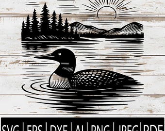 May include: Black and white illustration of a loon swimming on a lake, with a forest and mountains in the background. The sun is rising over the mountains. The image is on a white wood grain background. The bottom of the image has the text "SVG | EPS | DXF | AI | PNG | JPEG | PDF".