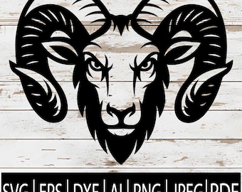 May include: Black ram head silhouette with large curved horns, a beard, and intense eyes. The image includes file format options: SVG, EPS, DXF, AI, PNG, JPEG, and PDF. The design is suitable for various crafting projects.