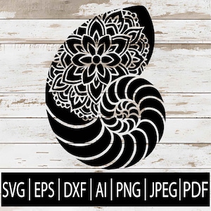 May include: Black and white seashell design with intricate floral and spiral patterns. The image includes the file formats: SVG, EPS, DXF, AI, PNG, JPEG, and PDF. The design is suitable for various crafting projects.