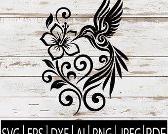 May include: Black hummingbird and flower design. The hummingbird is depicted with intricate details, feeding from a stylized flower. The design includes swirling patterns and leaves. The image also includes the text: SVG | EPS | DXF | AI | PNG | JPEG | PDF.