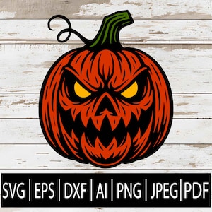 May include: A vector illustration of a carved Halloween pumpkin with an angry face. The pumpkin is orange with black details and yellow eyes. The image includes the file types: SVG, EPS, DXF, AI, PNG, JPEG, and PDF.
