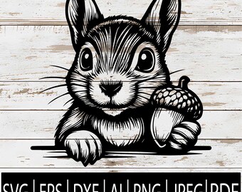 May include: Black and white illustration of a squirrel holding an acorn. The squirrel has large eyes and long whiskers. The image is on a white wooden background. The bottom of the image has the text: SVG | EPS | DXF | AI | PNG | JPEG | PDF.
